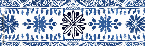 A seamless pattern of blue floral motifs on a white background The intricate design features a repeating pattern of flowers and leaves creating a visually appealing and sophisticated aesthetic