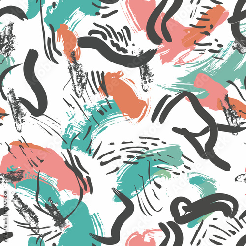 Abstract seamless pattern with colorful brush strokes and black lines on a white background Ideal for textile fabric wallpaper wrapping paper and design projects