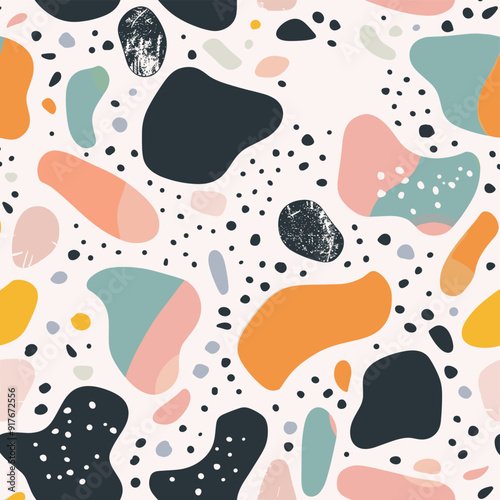 Abstract seamless pattern with colorful organic shapes dots and textures on a white background Perfect for textile wallpaper and design projects