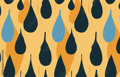 Abstract seamless pattern with blue and black raindrops on a yellow background The raindrops are stylized and have a hand-drawn feel This pattern is perfect for use in textile wallpaper and other desi