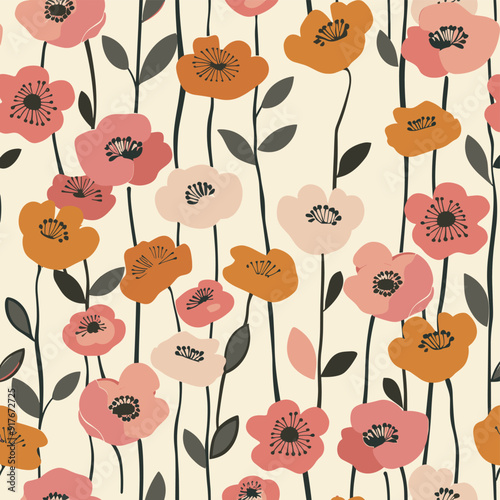 A seamless pattern featuring a vibrant floral design with pink orange and peach stylized flowers on a light cream background The flowers are arranged in a repeating pattern creating a cheerful and org