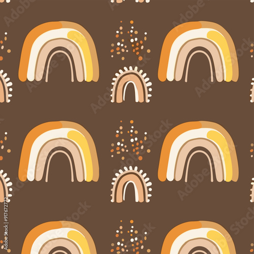 Seamless pattern with colorful rainbows confetti and a brown background perfect for textile wallpaper and interior design projects