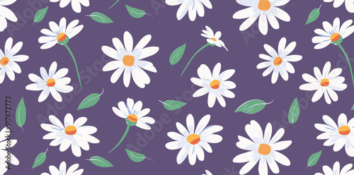 A seamless pattern with white daisies and green leaves on a purple background The daisies have yellow centers and are scattered randomly on the background This pattern is ideal for textile designs wal