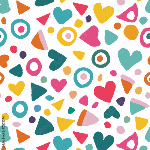 Seamless pattern with hand-drawn hearts triangles circles in colorful style Perfect for textile wallpaper wrapping paper and more