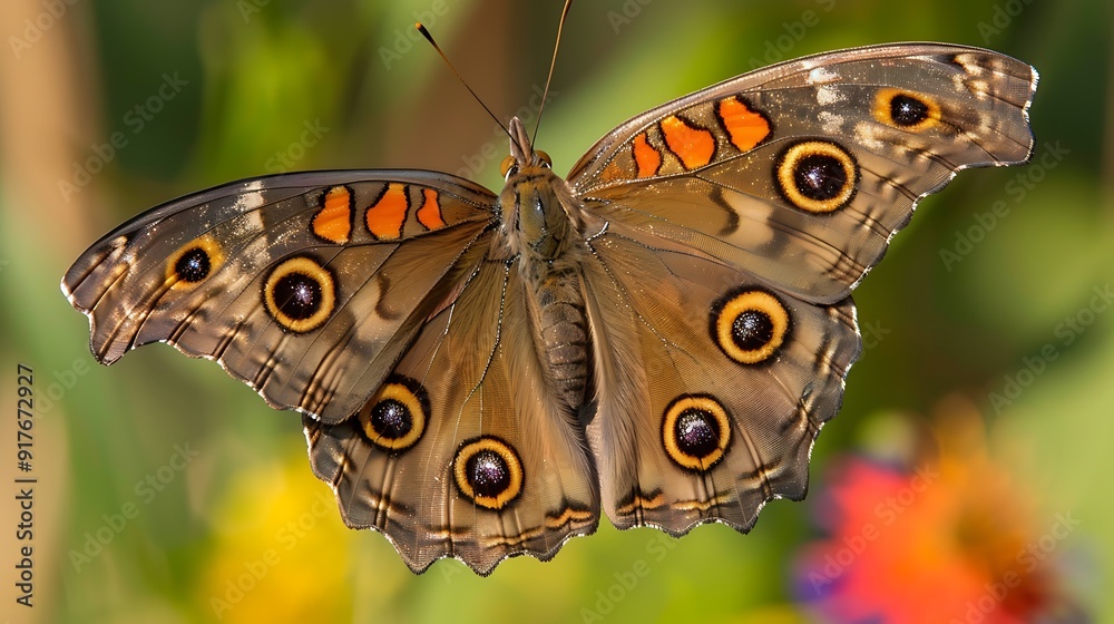 A striking common buckeye butterfly with bold, brown and orange wings, flying in a vibrant garden A striking common buckeye butterfly with bold, brown and orange wings, flying in a vibrant garden