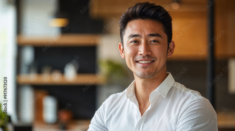 Obraz premium man, Asian, software engineer, smiling, modern tech startup office background, with copy space, editorial photography