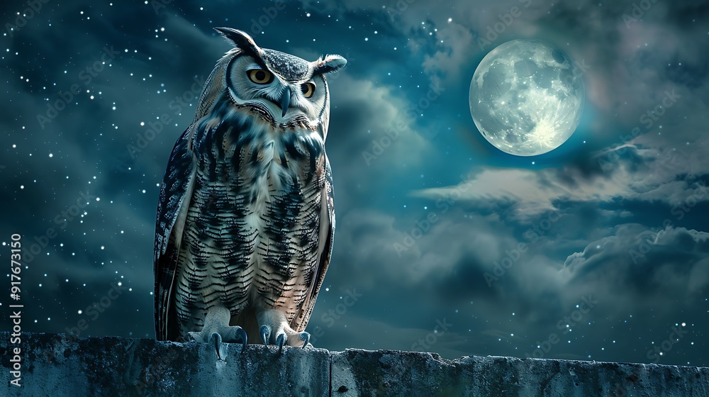 A striking owl sculpture on a wall with a dramatic, moonlit night sky background A striking owl sculpture on a wall with a dramatic, moonlit night sky background