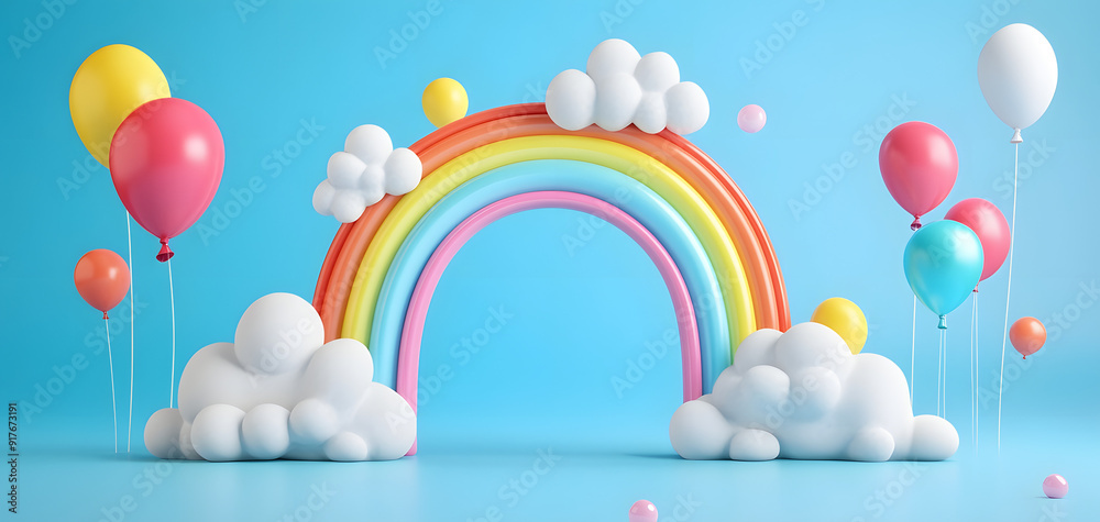 3D Cartoon Backdrop: Rainbow Arch Made of Clouds and Bubbles 3D Cartoon Backdrop: Rainbow Arch Made of Clouds and Bubbles