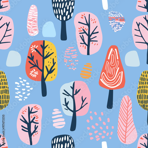 Abstract seamless pattern with colorful trees and geometric elements on blue background Ideal for textile fabric wallpaper wrapping paper and other design projects