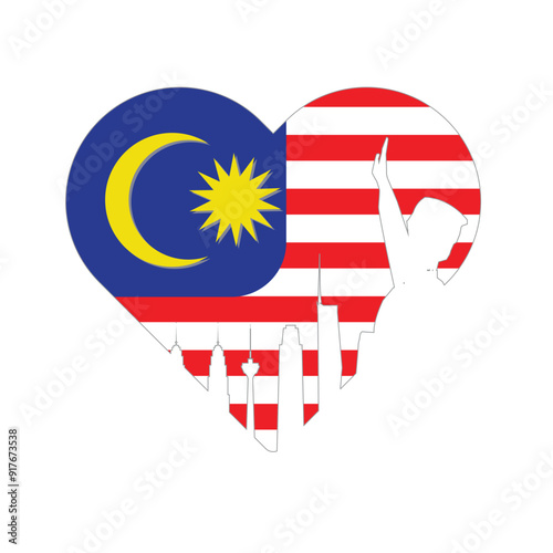 A vector of Love shape with Malaysia flag, sky scrapper and man raise up hand. Independence celebration symbol.