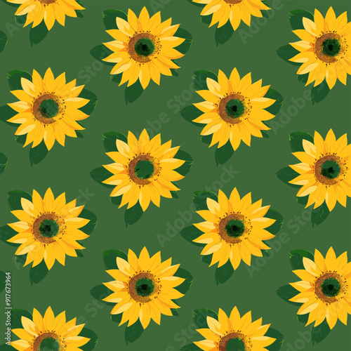 Seamless pattern of yellow sunflowers with green leaves on a green background