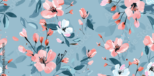 A seamless pattern of delicate pink and white flowers with teal leaves on a light blue background ideal for textile design and digital prints