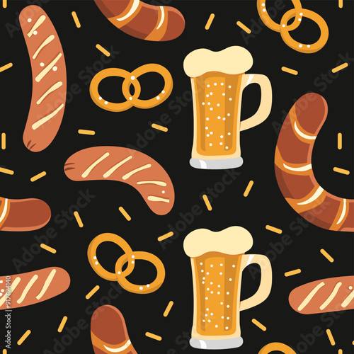 A seamless pattern featuring a repeating design of beer mugs pretzels and sausages This pattern is perfect for creating festive backgrounds wrapping paper or textile designs