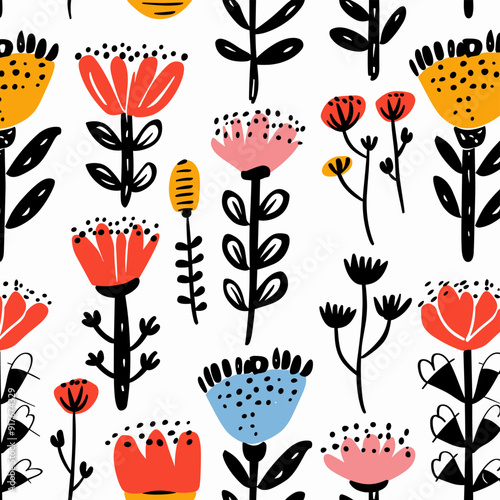 Colorful floral pattern with stylized flowers and leaves on a white background perfect for textile prints wallpaper or packaging designs