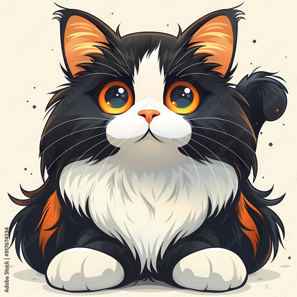 Adorable cartoon-style black and orange cat with bright eyes and fluffy fur. Adorable cartoon-style black and orange cat with bright eyes and fluffy fur.