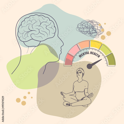 Human head with brain, woman in lotus pose and health meter. Psychology concept, mental balance, emotions and feelings control, patience or tolerance, self esteem and confidence level.