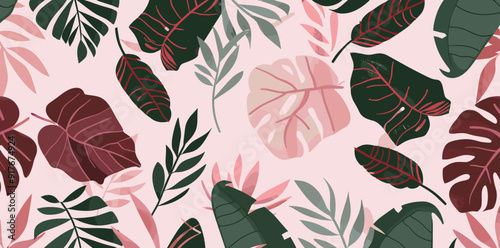 Seamless pattern of tropical leaves in pink green and red hues on a light pink background The leaves are arranged in a random pattern creating a vibrant and tropical feel