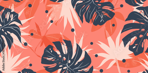 Seamless pattern with tropical leaves in blue and red tones on a coral background This pattern is perfect for fashion textiles and home décor