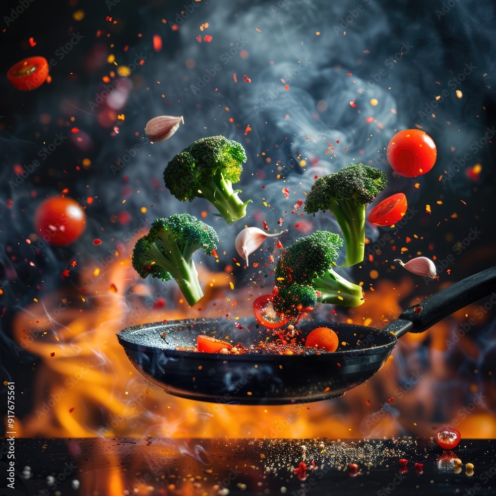 Broccoli, tomatoes, and garlic in mid-air above a frying pan with flames and smoke, dynamic culinary display, dark background, concept of cooking passion.