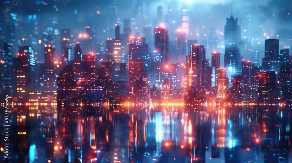 A futuristic city skyline with glowing lights reflected in the water. The city is bathed in a blue and red hue. A futuristic city skyline with glowing lights reflected in the water. The city is bathed in a blue and red hue.