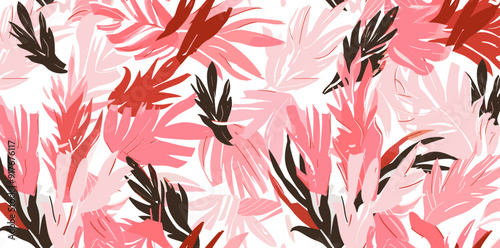 Abstract tropical leaf pattern with pink and brown foliage on a white background Ideal for fabric wallpaper or packaging designs