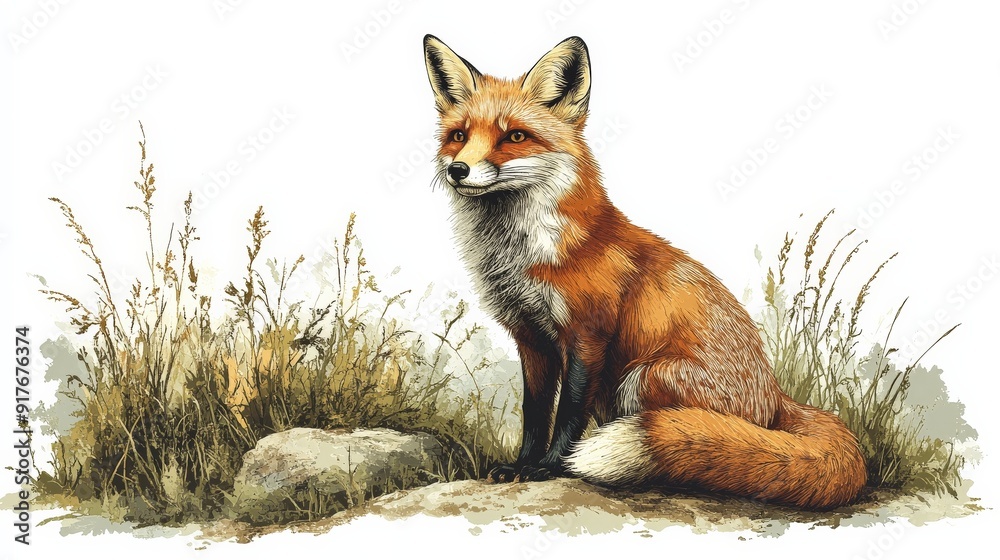 Fototapeta premium Cute red fox cub, isolated on white background, stands alert in portrait pose