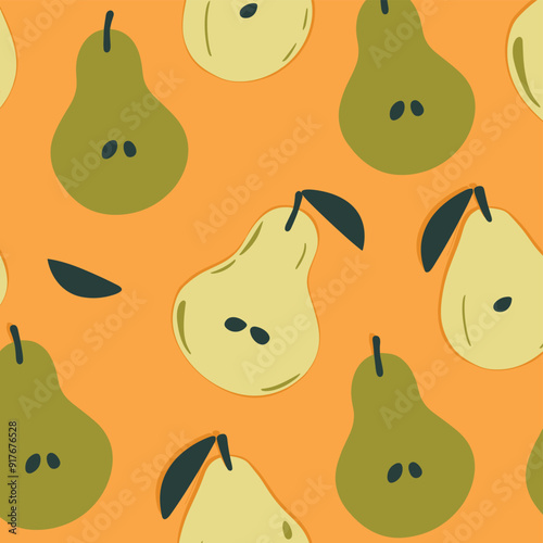 A seamless pattern of stylized pears half cut and whole on an orange background featuring simple designs and muted colors ideal for autumnal decorations textiles or digital projects