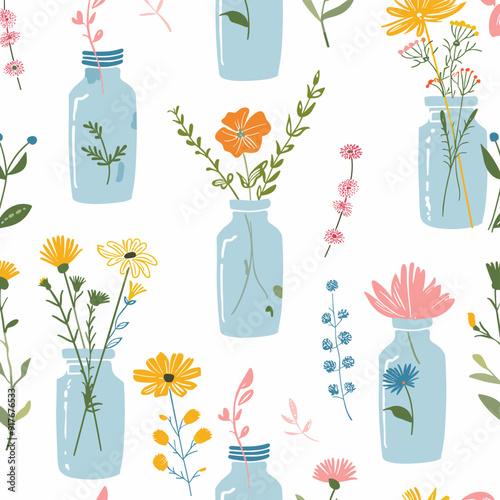 A cheerful seamless pattern featuring various colorful flowers in blue glass jars against a white background The pattern is perfect for home decor fabric prints or any creative project requiring a flo
