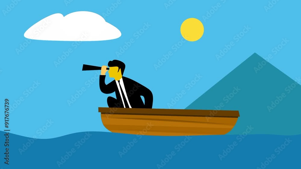Businessman on a boat looking ahead using a telescope. Symbolizes leadership. Male businessman vector illustration