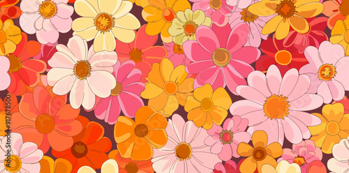 A vibrant seamless pattern featuring a multitude of stylized flowers in pink orange yellow and white creating a cheerful and optimistic floral design