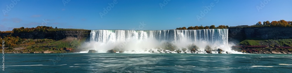 Panoramic View of Majestic Niagara Falls with Cascading Water Amidst Lush Greenery Under Clear Blue Sky on a Sunny Day Panoramic View of Majestic Niagara Falls with Cascading Water Amidst Lush Greenery Under Clear Blue Sky on a Sunny Day