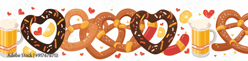 Illustration of various pretzels lemon slices beer hearts and a sausage on a white background