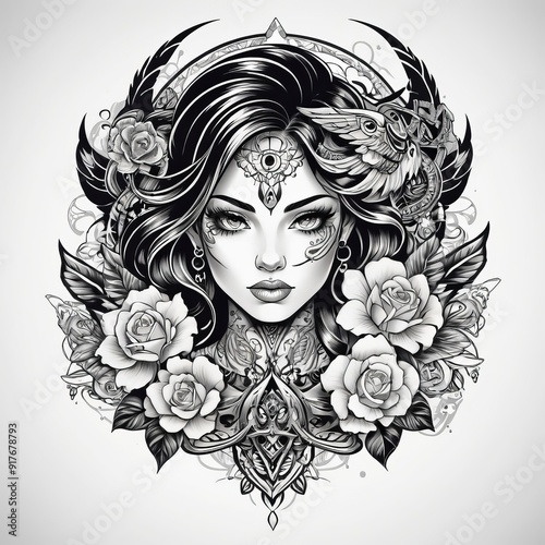angel girl with wings tattoo design vector