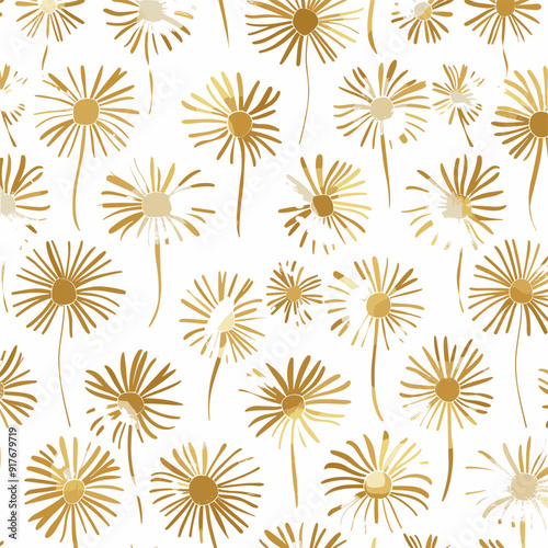 A seamless pattern featuring a multitude of golden dandelions on a crisp white background These stylized flowers create a visually appealing and elegant design suitable for various applications