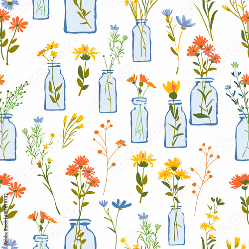 A repeating pattern featuring colorful wildflowers in blue glass jars a delightful design for fabric wallpaper or home decor