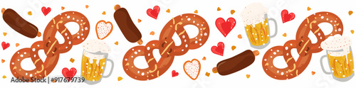 A festive arrangement of pretzels beer sausage and hearts perfect for Oktoberfest or a German-themed celebration