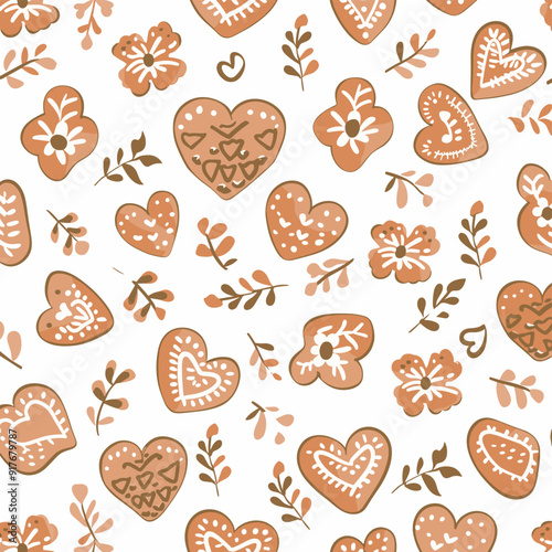 Seamless pattern with gingerbread hearts and flowers Hand-drawn gingerbread heart cookie pattern with floral elements in brown colors on a white background Perfect for holiday baking food blogs and fe