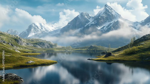 Majestic, snow-covered peaks, alpine meadows, serene, high quality, photorealistic, mountain range, crystal-clear lakes, untouched wilderness, panoramic, breathtaking, nature's beauty