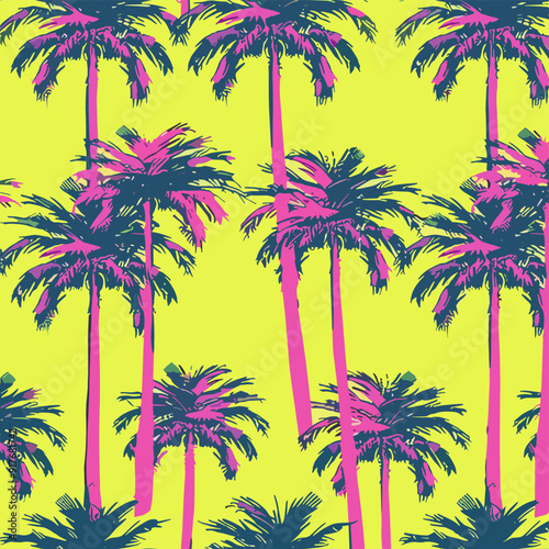 A vibrant tropical pattern featuring stylized palm trees in a vivid pink and blue color scheme against a bright yellow background evoking a sense of summer vacation and carefree fun