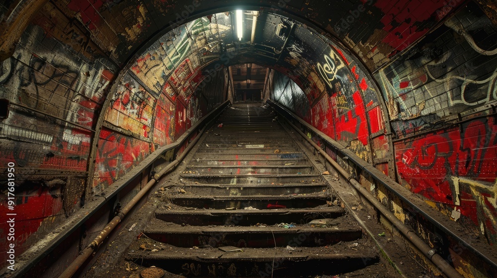 A graffiti-covered staircase leads up to a dimly lit tunnel, creating an eerie and abandoned atmosphere. A graffiti-covered staircase leads up to a dimly lit tunnel, creating an eerie and abandoned atmosphere.