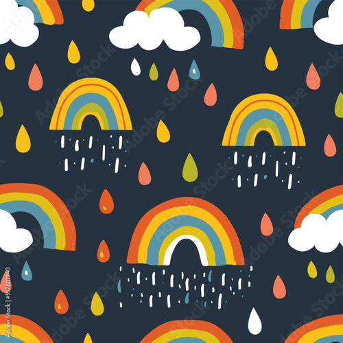 Colorful seamless pattern with rainbows clouds and raindrops on dark blue background Cute childish design perfect for textile fabric wrapping paper wallpaper kids decor baby shower nursery