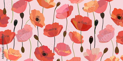 A seamless pattern with red poppy flowers on a light pink background perfect for textile wallpaper or wrapping paper designs