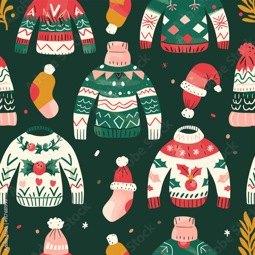 Seamless Christmas pattern with knitted sweaters hats mittens and socks on a dark green background