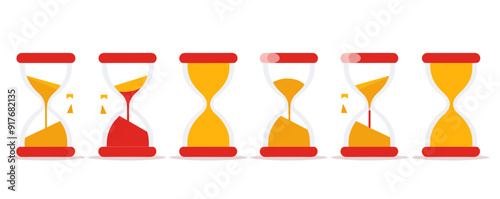 A set of six cartoon hourglasses in different stages of sand running through, representing the passage of time.