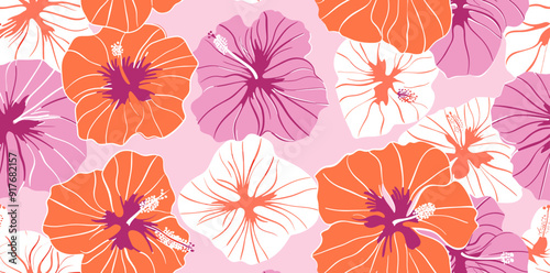 A vibrant seamless pattern featuring orange pink and white hibiscus flowers on a light pink background This tropical floral design is perfect for creating eye-catching patterns for textiles wallpaper 