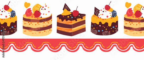 Seamless pattern with delicious cakes, decorated with whipped cream, cherries, and chocolate. The pattern has a red and white wave border.