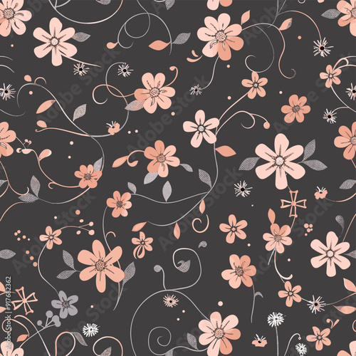 Seamless pattern of delicate pink flowers and silver vines on a dark background, creating a romantic and elegant design.