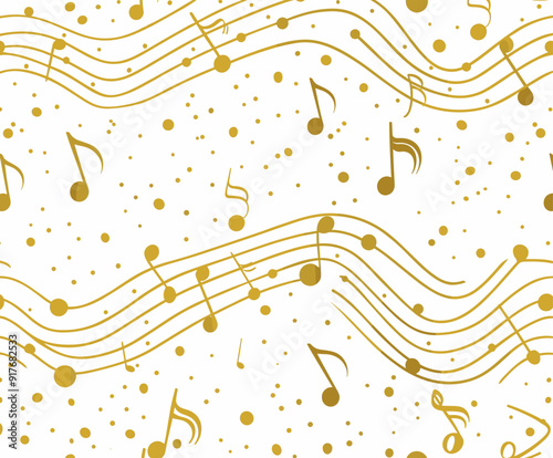 Seamless pattern of golden music notes and dots on a white background. This pattern is perfect for adding a touch of elegance and musicality to any design project.
