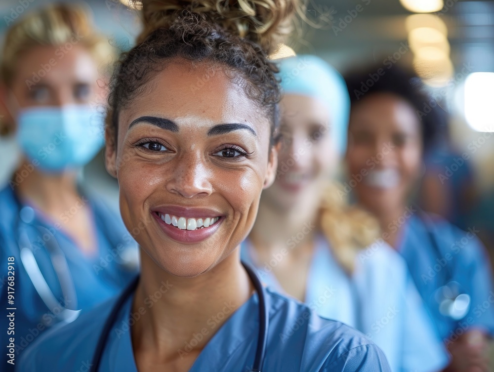 A group of diverse healthcare workers smiling and looking at the camera. They are wearing blue scrubs and some have face masks on. A group of diverse healthcare workers smiling and looking at the camera. They are wearing blue scrubs and some have face masks on.