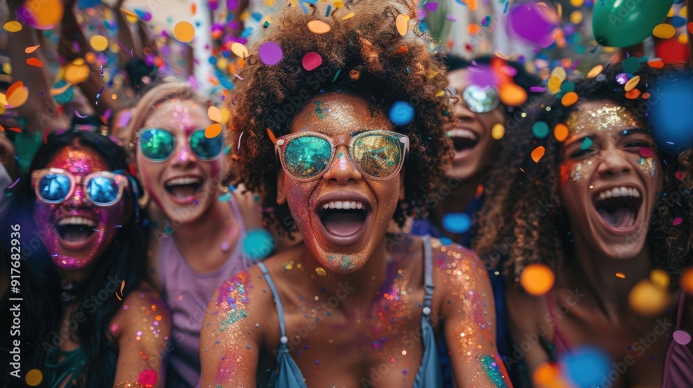A group of diverse friends celebrate with confetti and vibrant colors at a festival. Joyful and celebratory mood with close-up faces. A group of diverse friends celebrate with confetti and vibrant colors at a festival. Joyful and celebratory mood with close-up faces.